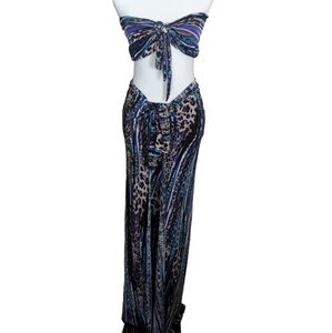 Blue Striped Cheetah Print Pant Wrap and Bandeau Set